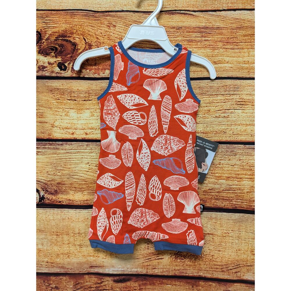 NEW RAGS Red Blue Nautical Beach Seashells Peek A Booty Romper 9-12 months
